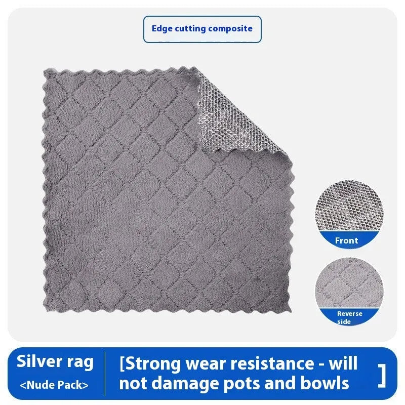 Silver silk rag with steel wire core for cleaning pots and bowls, double-sided design, 20x20cm or 25x25cm size