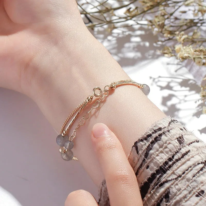 Women's electroplated crystal bracelet with moonstone charm and double copper tube design