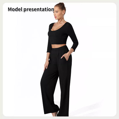 Women's solid color top and pants set in black or coffee, sizes S to 4XL