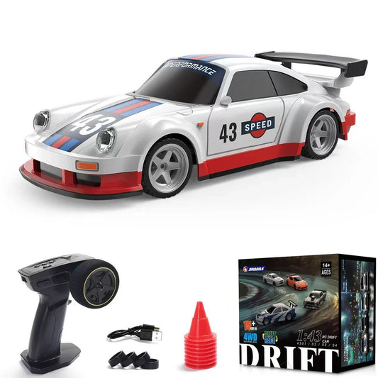 1:43 scale four-wheel drive remote control car with USB charging, measuring 195×85×68mm