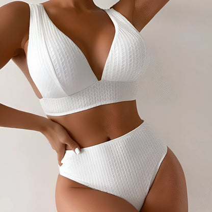White women's backless bikini swimsuit with bra and panties set