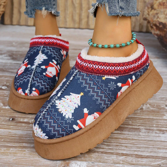 Women's winter ankle boots with festive cartoon Christmas print, plush lining, and durable EVA sole for comfortable, warm wear.