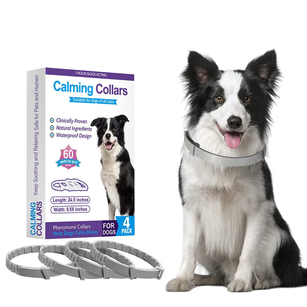 Four dog anxiety relief collars in different colours with 62cm adjustable TPR construction for calming support