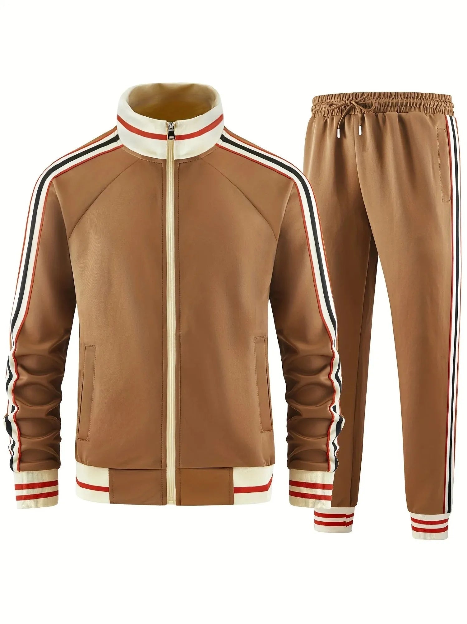 Turtleneck zipper cardigan top and trousers suit in khaki colour, street-style leisurewear with sizes S to 6XL