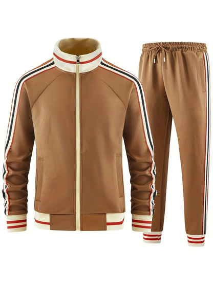 Turtleneck zipper cardigan top and trousers suit in khaki colour, street-style leisurewear with sizes S to 6XL