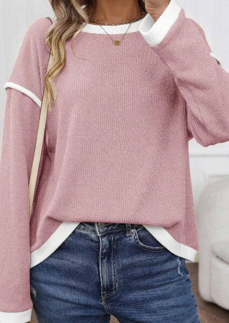 Four leaf clover pattern knit top with contrast trim in drop shoulder design
