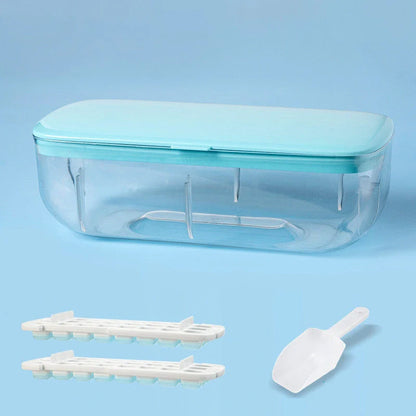 Quick release ice cube tray set with storage box and scoop, available in yellow, blue, and pink