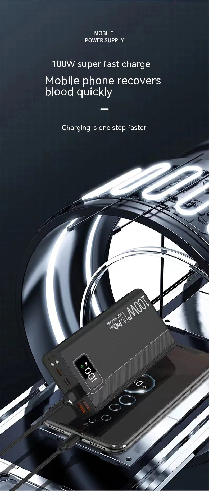 Black or white large capacity power bank showing its portable size and charging port.