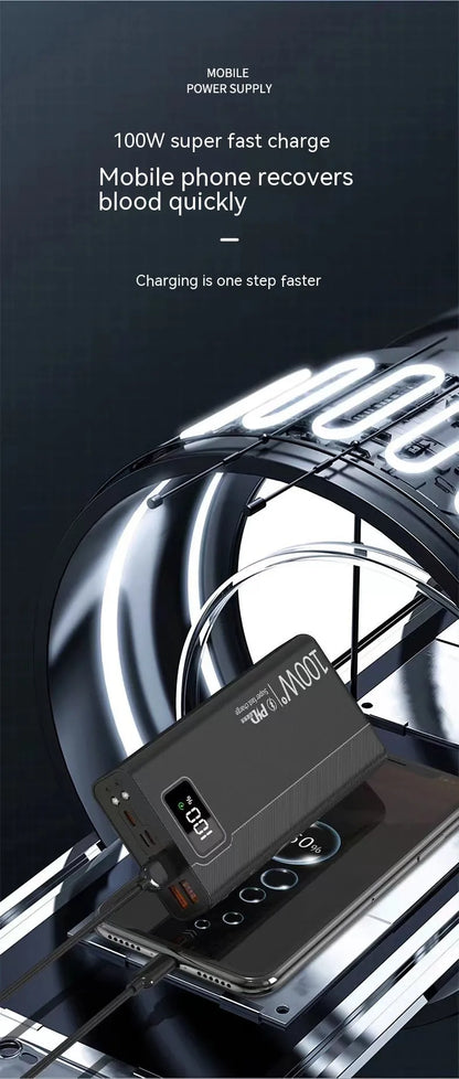 Black or white large capacity power bank showing its portable size and charging port.