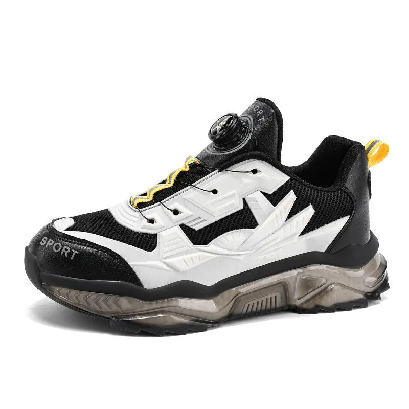 Men's black mesh dad shoes with rotating button detail and a low platform sole