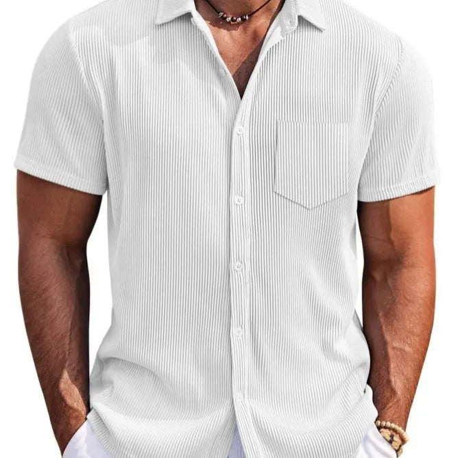 Men's solid colour loose fit short-sleeved shirt with vertical striped detail in a selection of colours.