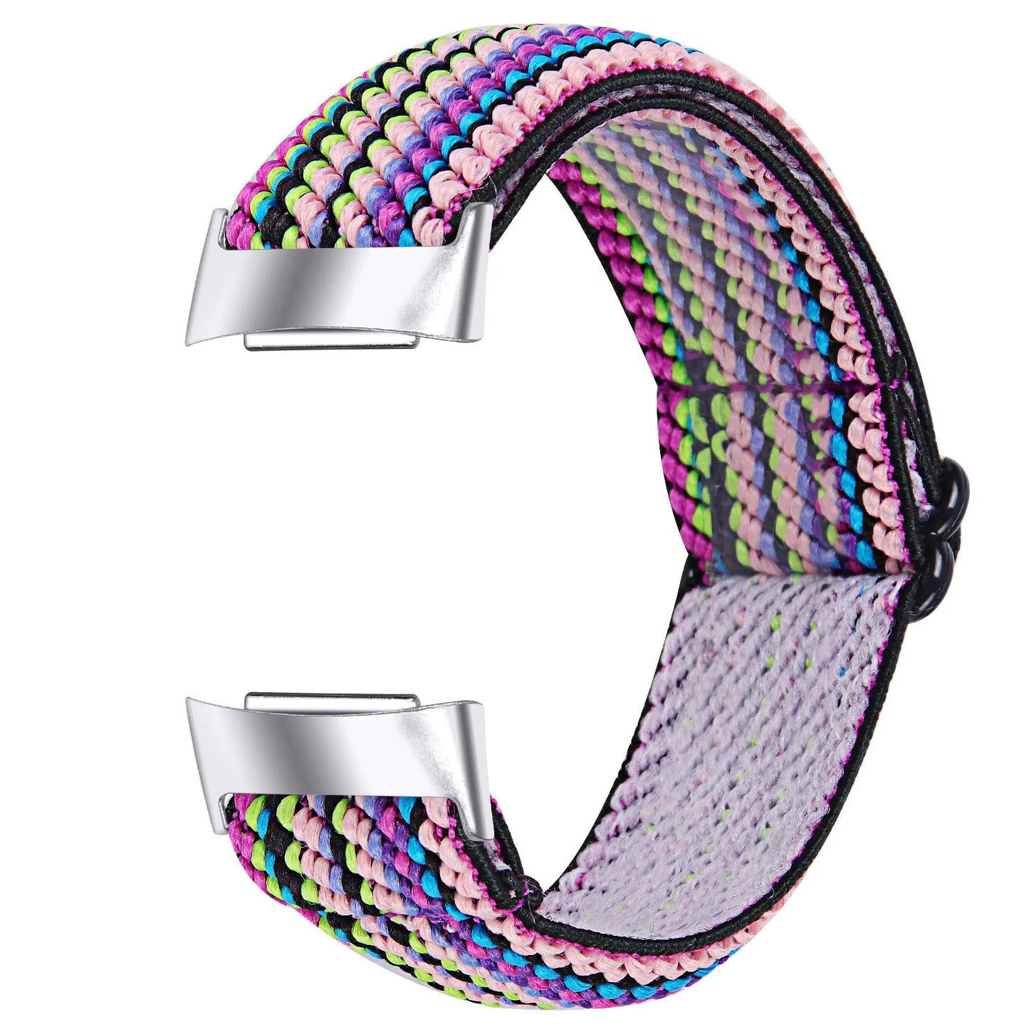 Printed elastic watch strap for Fitbit Charge 6 with adjustable sizing and multiple colour options