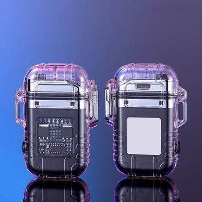 Transparent shell electronic lighter showing plasma arc with detachable pocket clip and paracord lanyard