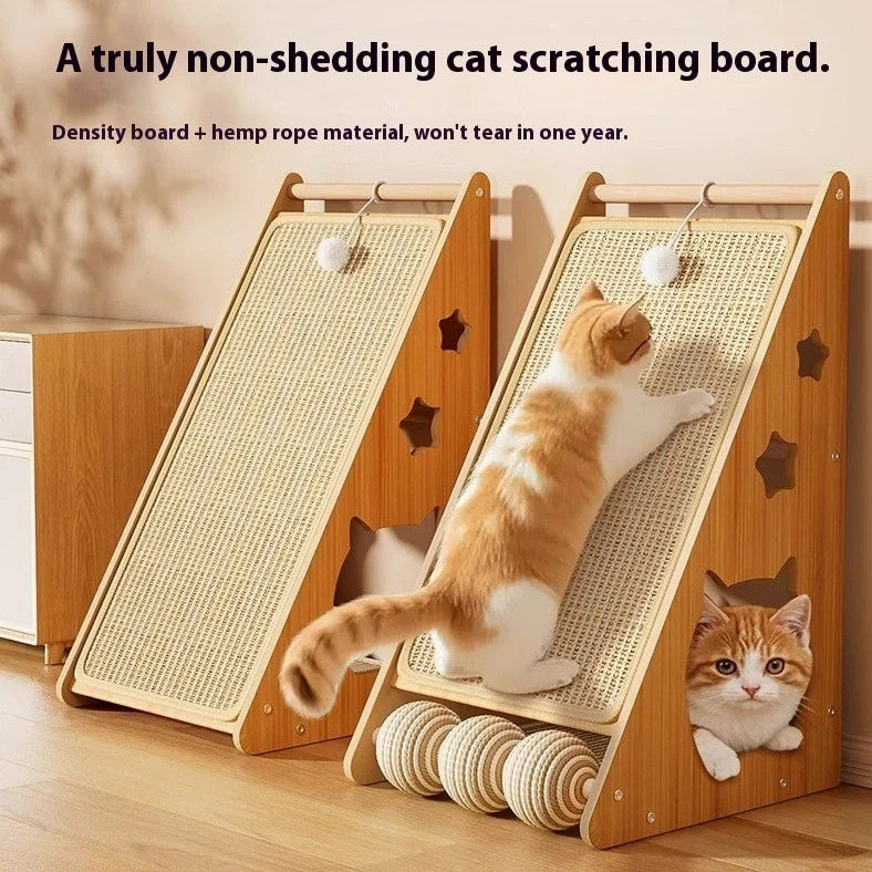 Vertical wall-mounted cat scratch board with sisal surface and integrated ball toy