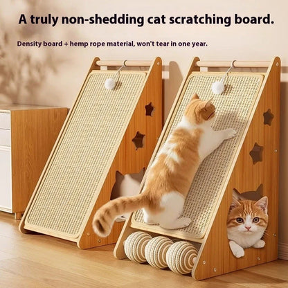 Vertical wall-mounted cat scratch board with sisal surface and integrated ball toy