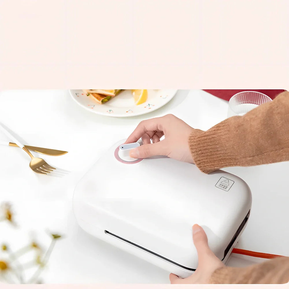 White mini breakfast machine with metal construction measuring 12x11cm for single-person cooking