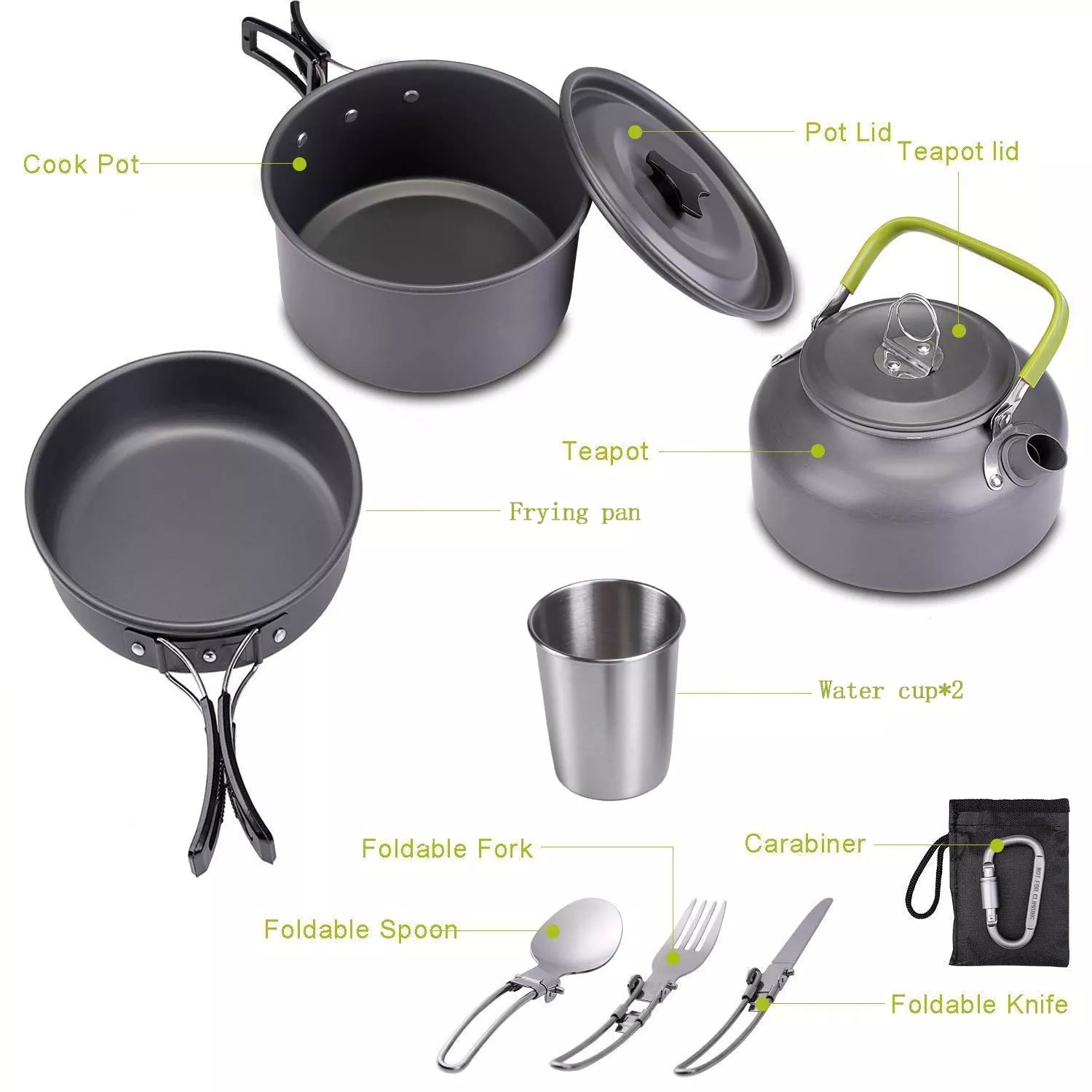 Outdoor Jacketed Kettle Camping Tableware Set in Orange, Black, or Green