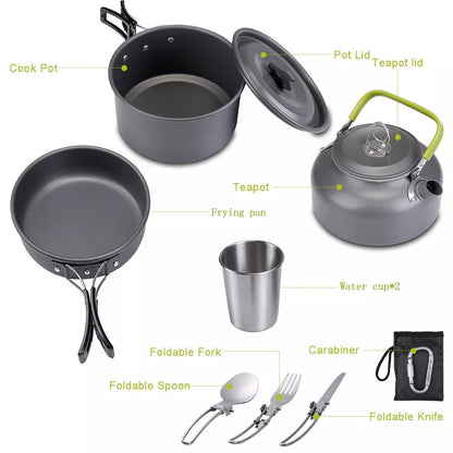 Outdoor Jacketed Kettle Camping Tableware Set in Orange, Black, or Green