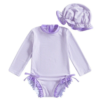 Girls' striped jumpsuit with matching hat in pink, violet, or sapphire blue for swimming