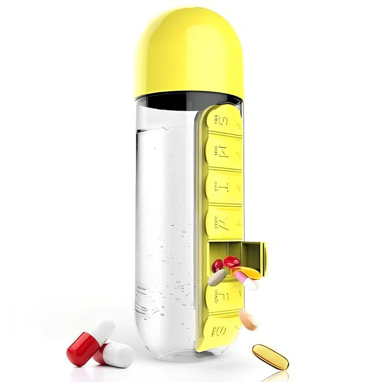 Two-in-one water cup with attached 7-day pill organiser showing daily compartments and screw-top lid