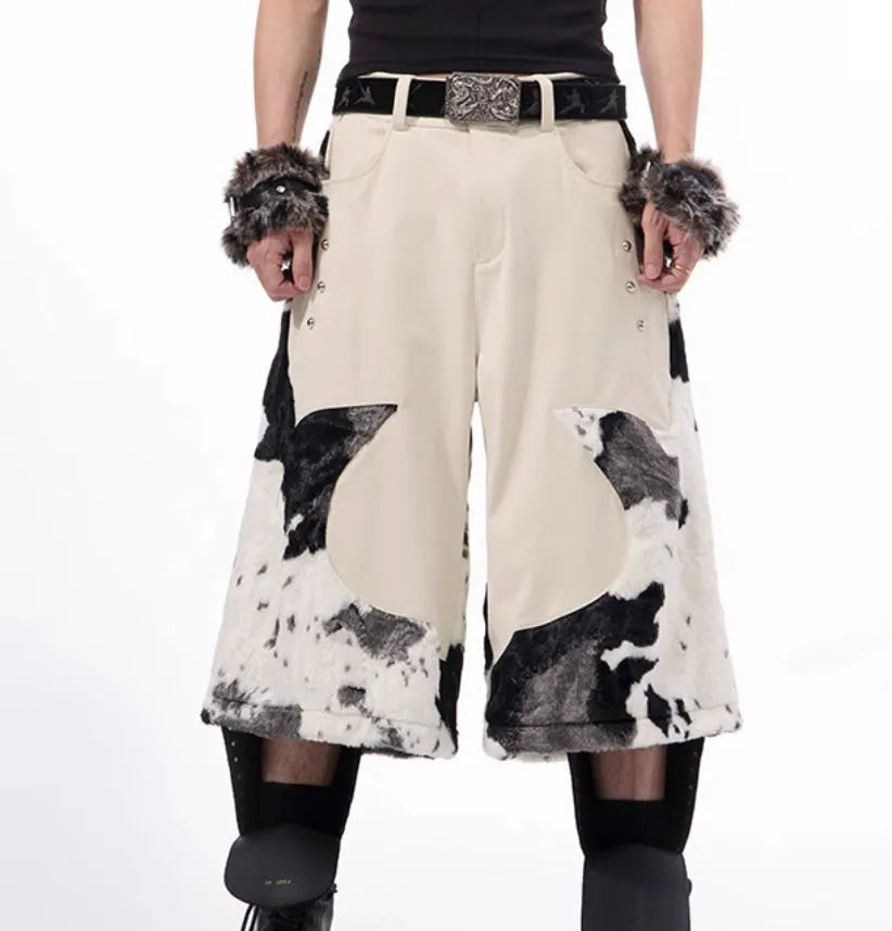 Milk fibre stitching fur cropped trousers with checkered pattern in picture colour, shown in Asian sizes S M L XL.