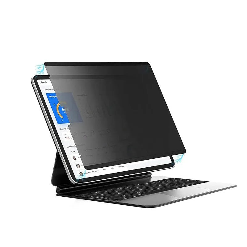 Magnetic suction anti-peeping film for iPad with paper-like texture and storage clip, showing 30-degree privacy angle