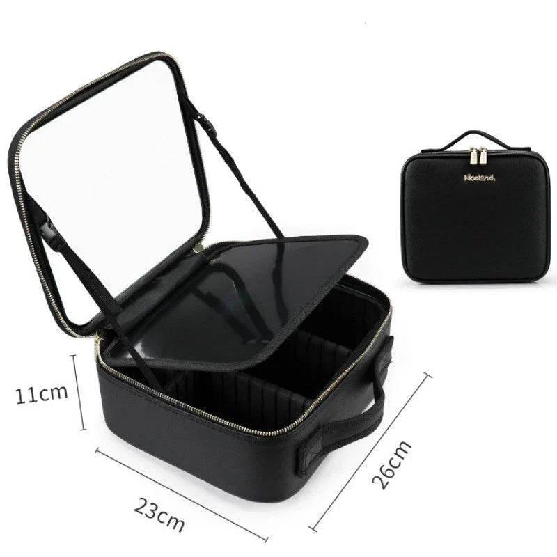 Glamorous lighted makeup vanity case with mirror, featuring large storage compartment, adjustable fill light, and high-definition mirror for flawless makeup application.