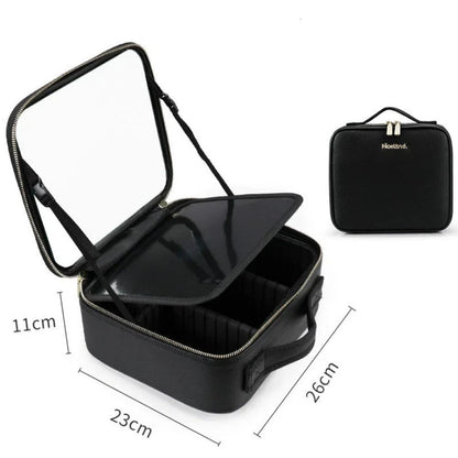 Glamorous lighted makeup vanity case with mirror, featuring large storage compartment, adjustable fill light, and high-definition mirror for flawless makeup application.