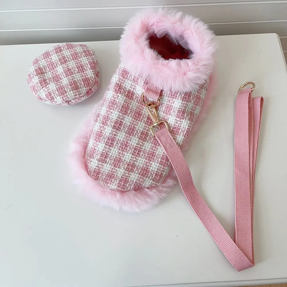 Pink cat costume set with beret and cape featuring hand holding rope design