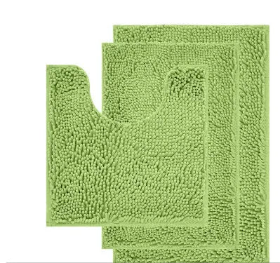 Chenille three-piece bathroom carpet set with U-shaped toilet mat, TPR backing, in green colour variations