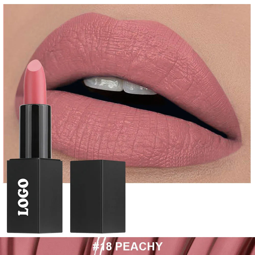 Beauty Does Not Fade matte finish lipstick in nonstick cup packaging, showing range of 24 colour shades.