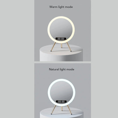 Multi-function LED mirror alarm clock with wireless charging and Bluetooth speaker in blue and white