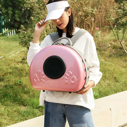 Transparent space capsule cat carrier with metallic front cover in choice of rose gold, silver, or champagne gold