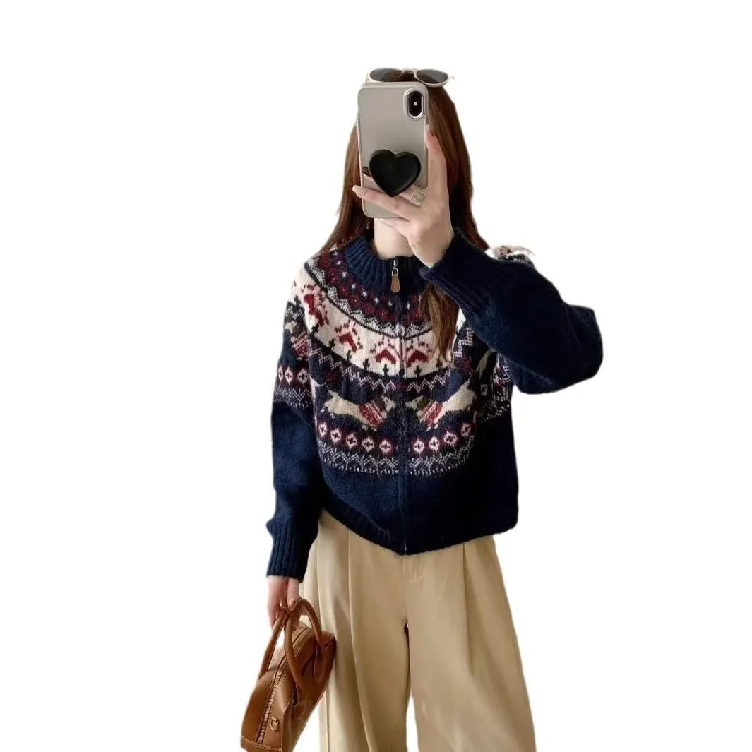 Ethnic jacquard pullover sweater with 3D pattern in apricot colour, showing round neck and long sleeves