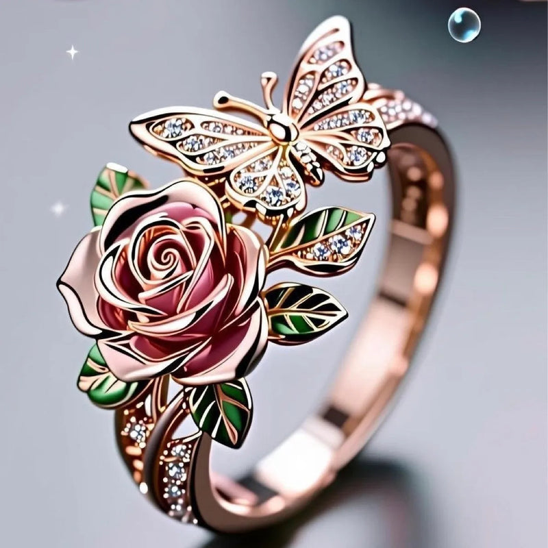 Adjustable butterfly ring with floral and insect motifs, crafted from alloy with a dripping oil treatment process for a colourful, fairy-style aesthetic that fits most finger sizes.
