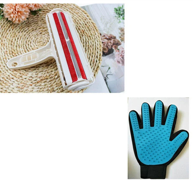 ABS pet hair remover tool in red and blue for efficient cleaning of furniture and carpets