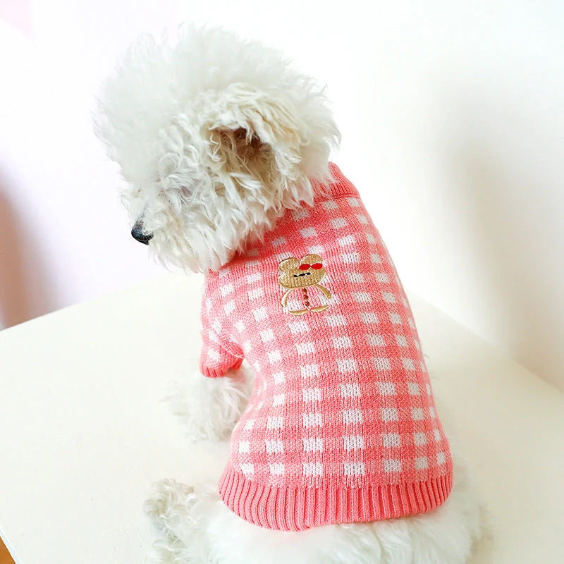 Bowknot hollow knit dog sweater in various colors and patterns