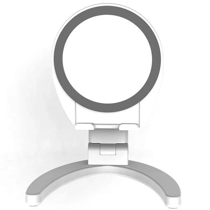 Adjustable mobile phone stand with integrated makeup mirror, featuring a sleek and versatile design for hands-free use and on-the-go touch-ups.