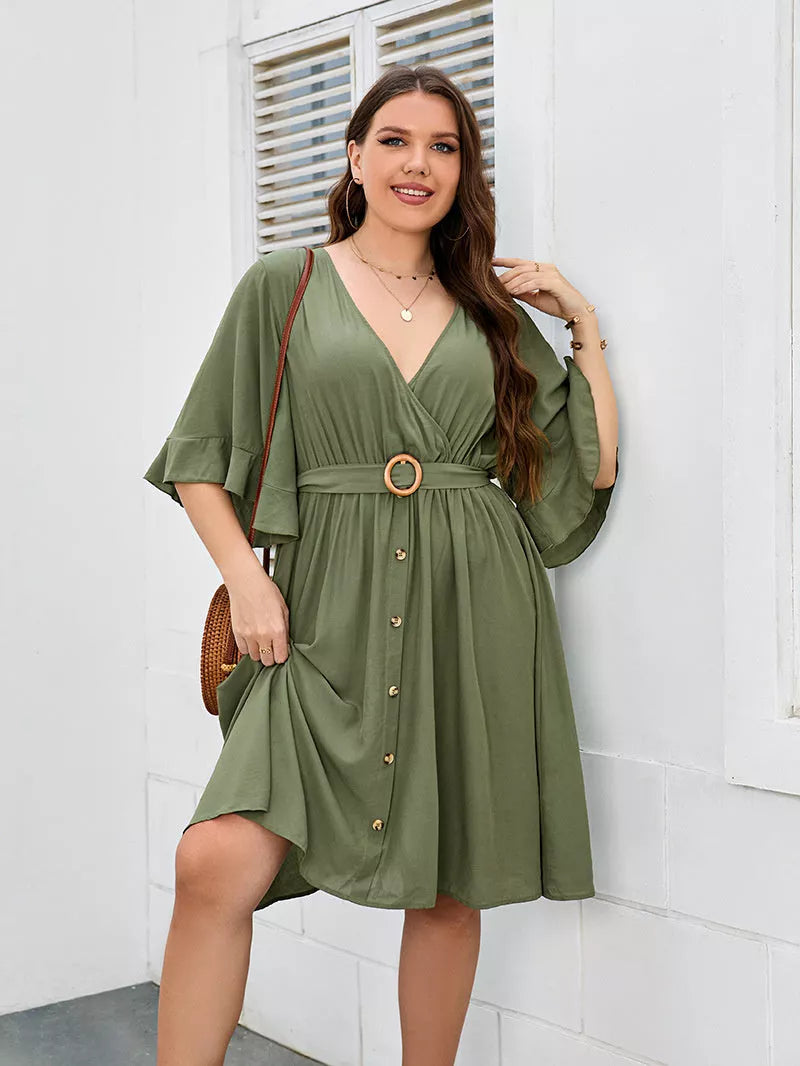 Plus size green V-neck party skirt with ruffle sleeves for women