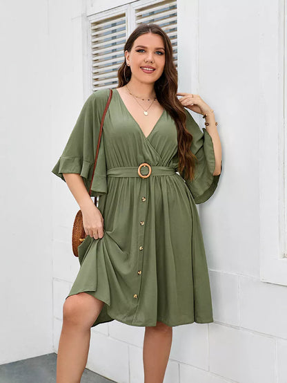 Plus size green V-neck party skirt with ruffle sleeves for women
