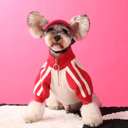 Red puppy dog sports sweater cardigan made from wool material for pet wear