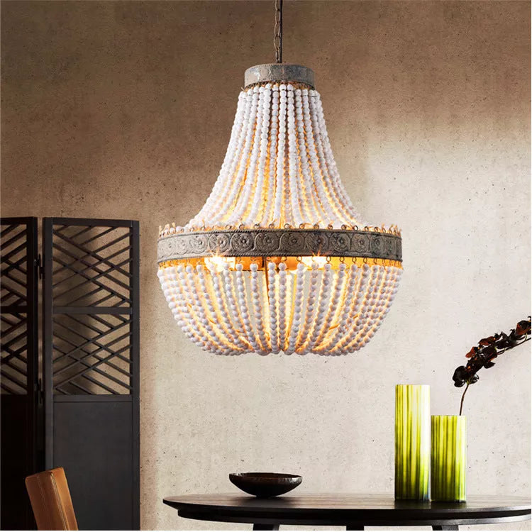 Retro American style distressed wooden bead chandelier for living room or study lighting