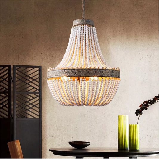 Retro American style distressed wooden bead chandelier for living room or study lighting