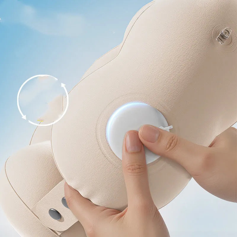 Cartoon cloud bubble coloured U-shaped portable travel neck pillow shown compressed and packed.