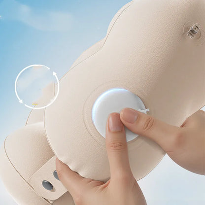 Cartoon cloud bubble coloured U-shaped portable travel neck pillow shown compressed and packed.