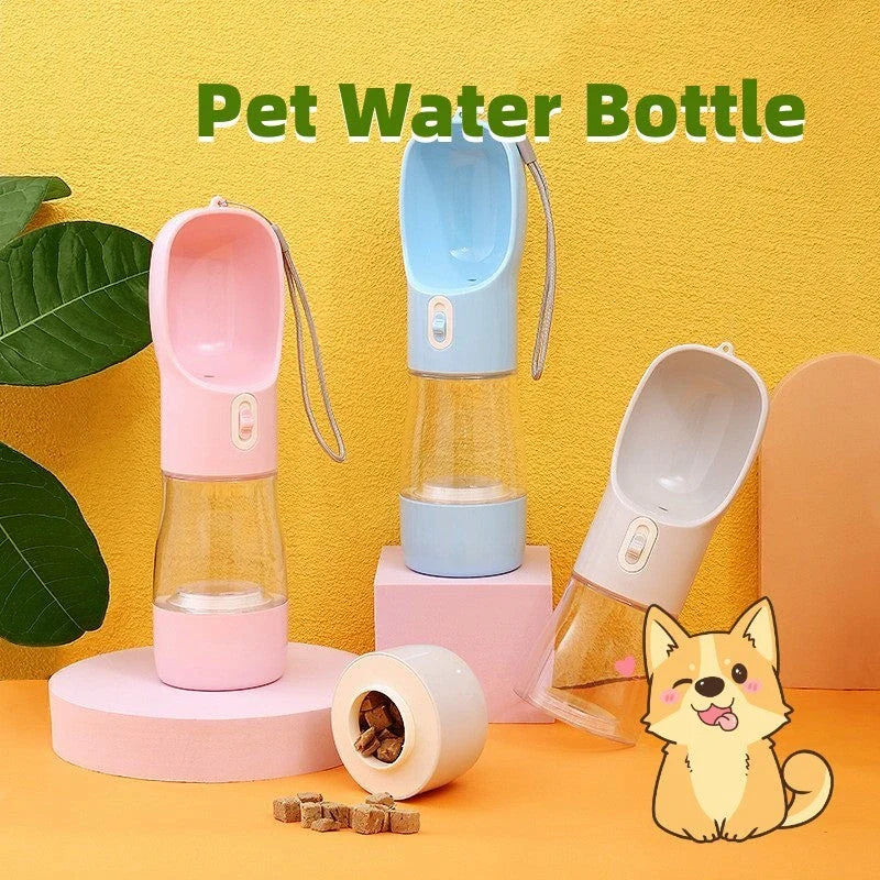 Portable pet water bottle and feeding bowl made of durable, BPA-free plastic with a leak-proof design and large opening for easy drinking and refilling