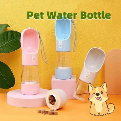 Portable pet water bottle and feeding bowl made of durable, BPA-free plastic with a leak-proof design and large opening for easy drinking and refilling