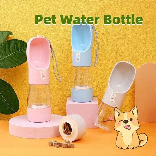 Portable pet water bottle and feeding bowl made of durable, BPA-free plastic with a leak-proof design and large opening for easy drinking and refilling