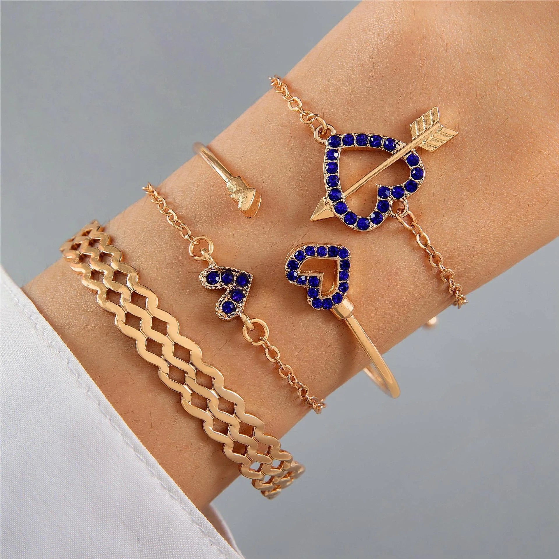 4-piece blue flower love butterfly bracelet set with rhinestones, perfect for Valentine's Day