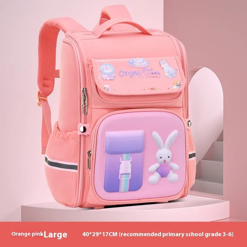 Children's cartoon backpack with airpillow straps in rabbit pink colour showing size comparison